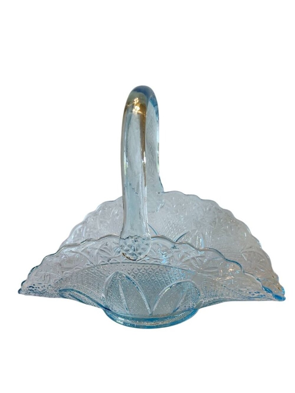 Vintage Fenton Ice Blue Glass Centerpiece Basket With Scalloped Edge & Handle 7"
